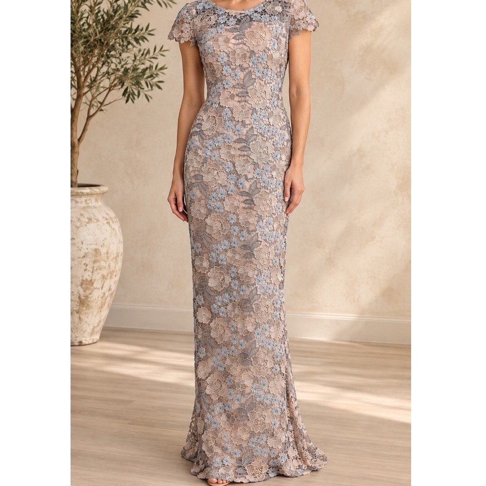 Xscape Floral Lace Gown Blue Champagne Cap Sleeve Formal Dress Size 8